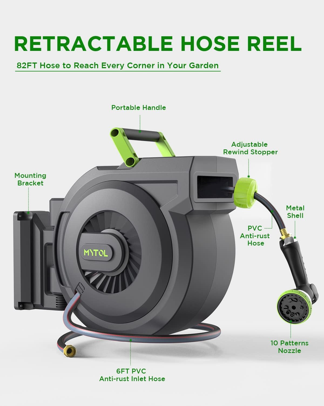 Heavy Duty Retractable Garden Hose Reel Wall Mount with Auto Slow Rewind System
