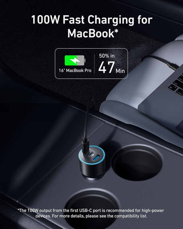 USB-C Car Charger, 167.5W Max 3-Port Ultra-Compact Type-C Fast Car Charger, for