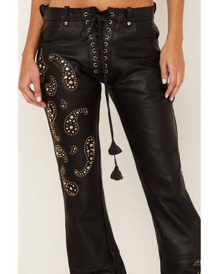 Pre-owned Understated Leather Women's Boot Barn X Rhinestone Studded Lace-up Flare Pants - In Black