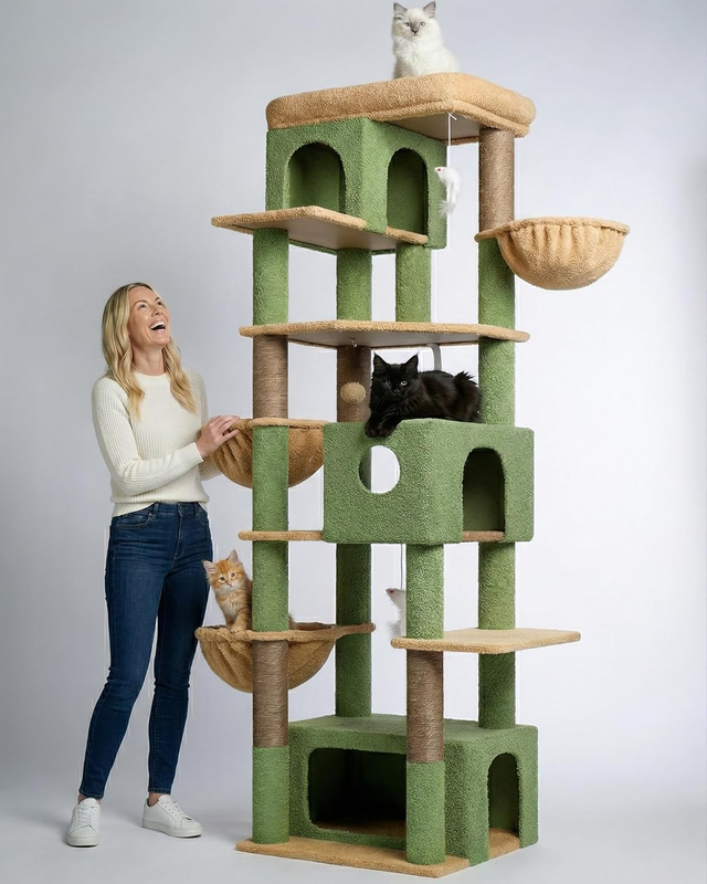 80in Large Cat Tree Cactus Style Multi-Level Tower w Caves Bas...