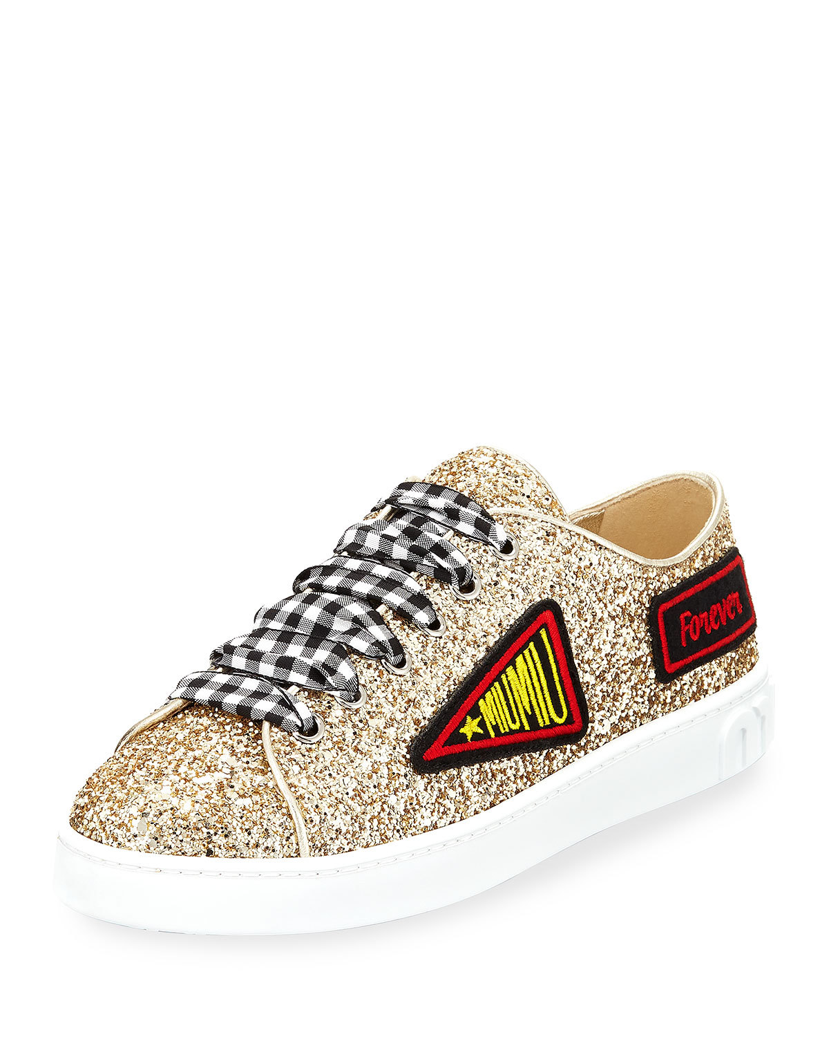 Pre-owned Miu Miu Glitter Sneakers With Patches, Gold Size 41 Msrp: $650.00