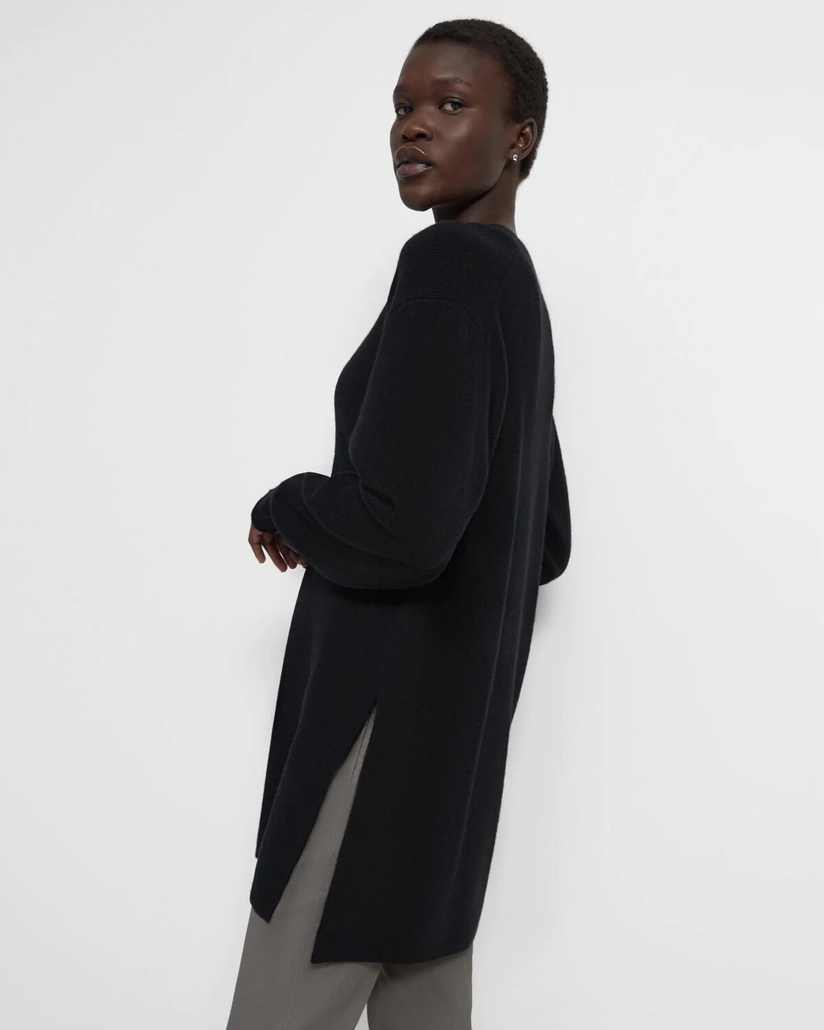 Pre-owned Theory $415  Szm Long Lenght Side Slits Cardigan Cashmere Sweater Black