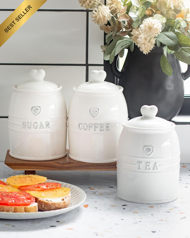 Ceramic Kitchen Canister Set, 3 Pieces, White with Heart Design, Tea Coffee Suga