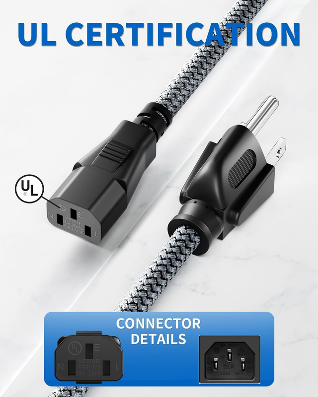 Power Cord, 3.3FT/1M 3 Prong AC Power Cable-Nylon Braided Replacement 3 Pin Powe
