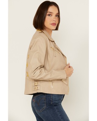 Pre-owned Mauritius Leather Women's Christy Star Zip-front Moto Jacket - Christy3rf In White