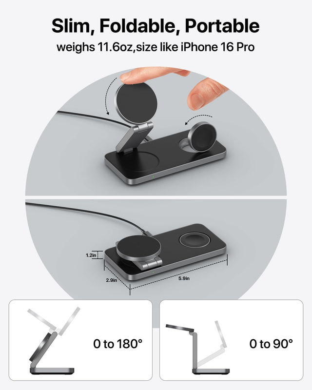 3 in 1 Wireless Charging Station, Magnetic Foldable Fast Mag-safe Charger Stand