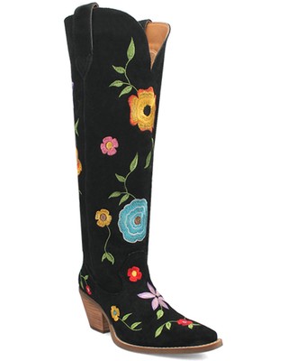 Pre-owned Dingo Women's Flower Power Suede Tall Western Boot - Snip Toe - Di 277-black