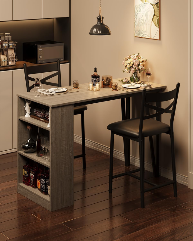 3 Piece Bar Table Set for 2, Bar Table and Chairs Set with with Flip Top Extension, Dining Table Set with Storage Shelves, Suitable for Small Space Kitchen Apartment, Grey