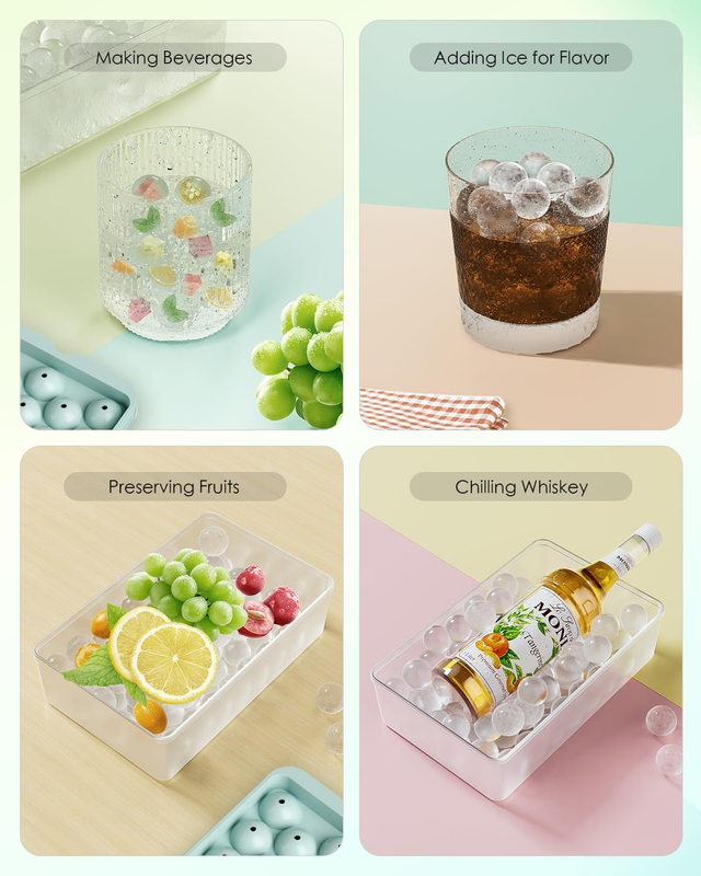 Round Ice Cube Trays with Lid and Bin - 3 Stackable Trays Small Circle Ice Maker