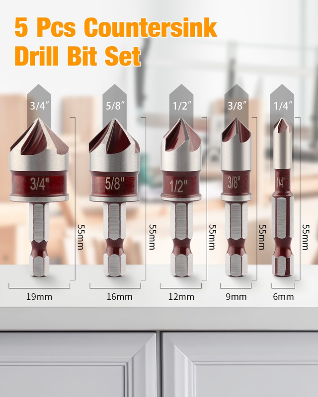 5PCS Countersink Drill Bit Set, 82 Degree 5 Flute HSS Countersink Bit with 1/4''