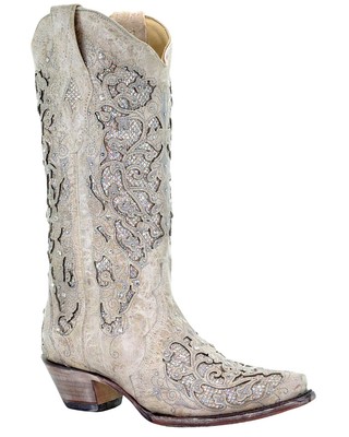 Pre-owned Corral Boots Corral Women's Glitter Inlay And Crystals Wedding Boot - Snip Toe - A3322 In White