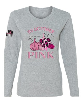 In October We Wear Pink Pumpkin Cheetah Print Women Graphic Long Sleeve TShirt