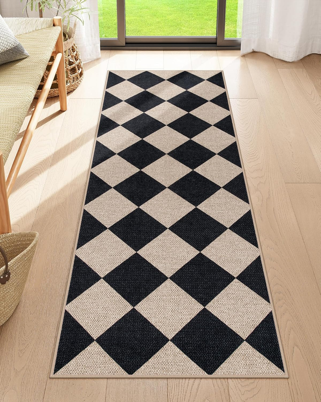 Checkered Easy Jute Runner, 2X6 Kitchen Runner Rug Non Slip Washable Outdoor Rug for Entryway Indoor, Checkerboard Black Indoor Outdoor Carpet for Hallway 6Ft Entry Front Door