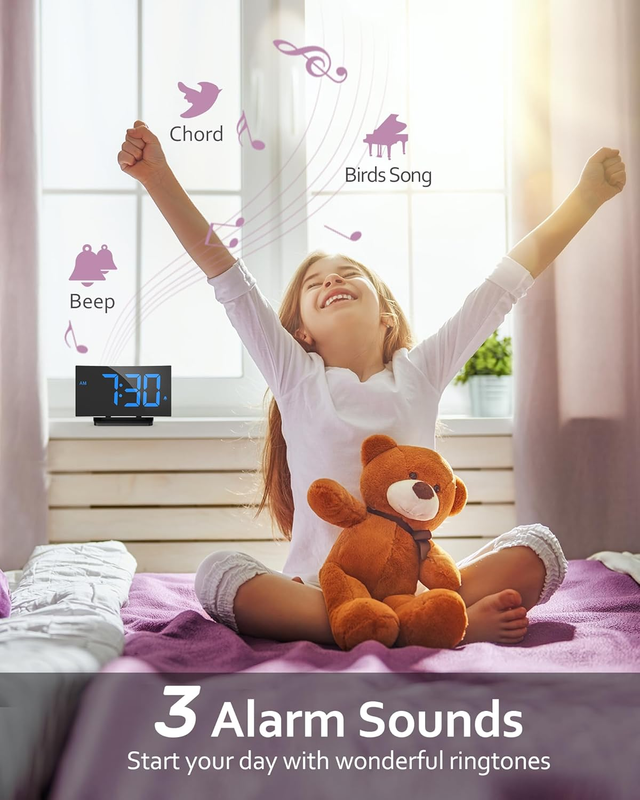 Digital Alarm Clock for Bedrooms, Modern Curved Design, Conspicuous Blue LED Num