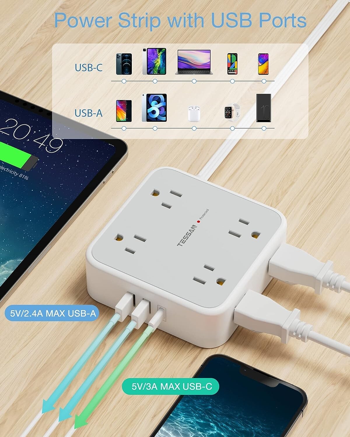 Surge Protector Power Strip 10 Ft Cord with 8 Outlet USB C Ultra Thin Flat Plug