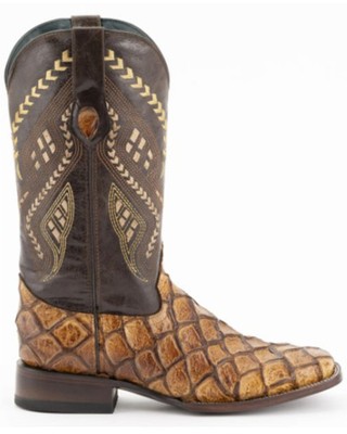 Pre-owned Ferrini Men's Bronco Pirarucu Print Western Boot - Broad Square Toe - 43393-61 In Brown