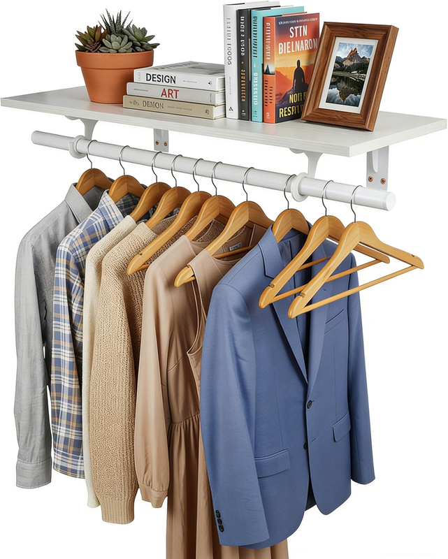 Wall Mounted Clothes Rack, with Top Shelf and Hanging Rod, Heavy Duty (White, 1 PACK 11.8