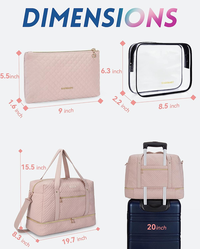 Travel Duffle Bag, 3 Pcs Set 41L Weekender Overnight Bag for Women w/ Makeup Bag