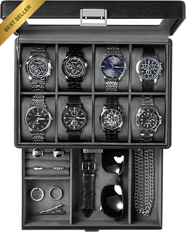 8 Slot Watch Box for Men Jewelry Organizer with Drawer Glass Lid Black