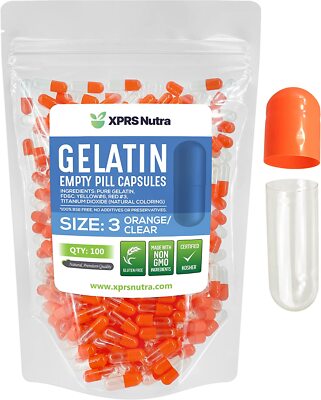 Size 3 Orange/Clear Empty Gelatin Pill Capsules Kosher GelCaps Gluten-Free Caps