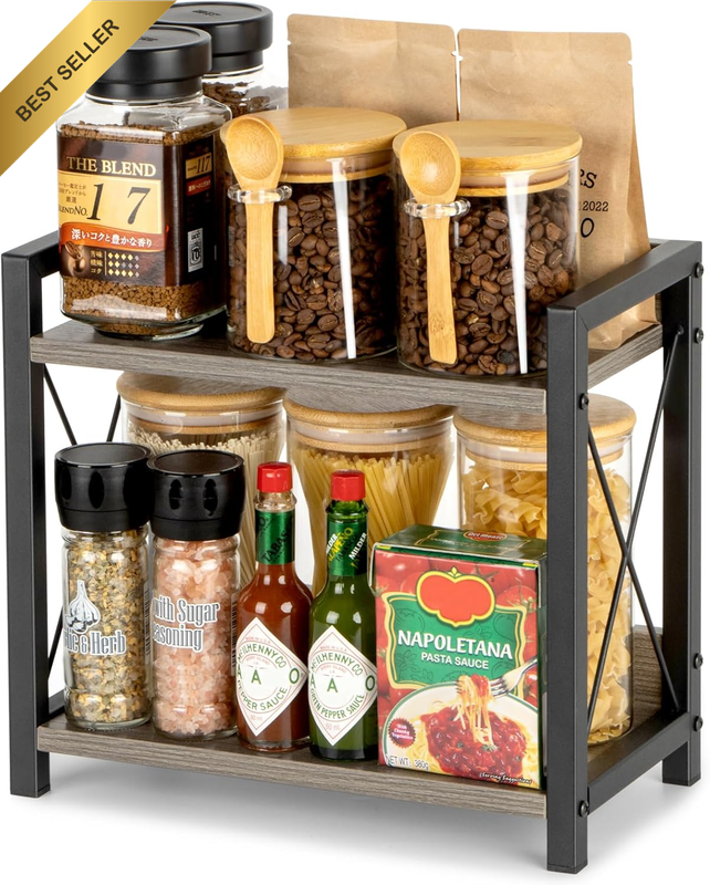 Counter Coffee Station Organizer 2 Tier Wooden Kitchen Counter Spice Rack Grey