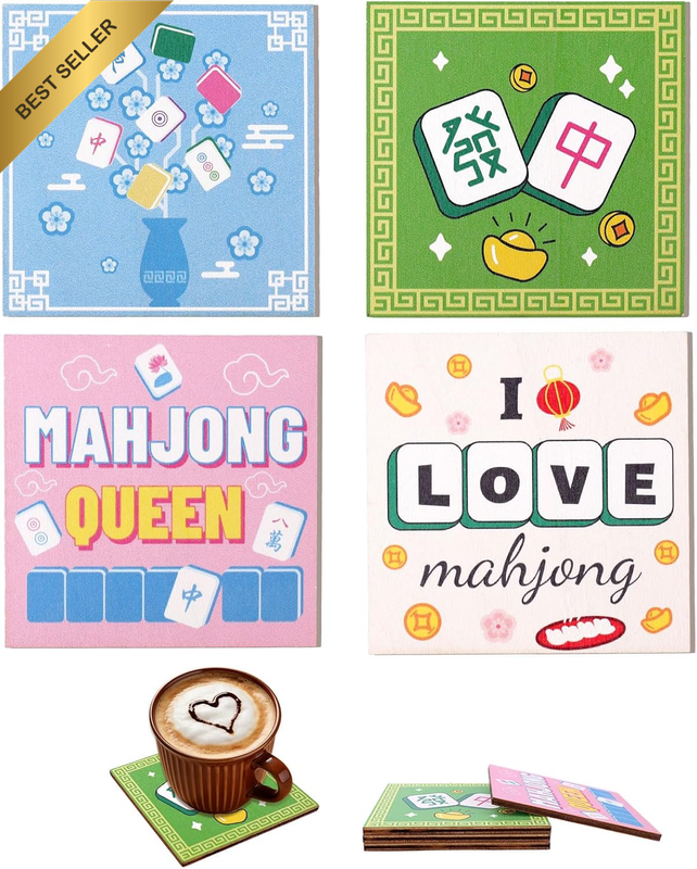 4Pcs Mahjong Coasters, 3.94In/10X10Cm Funny Mahjong Theme Coasters Mah Jong Gift