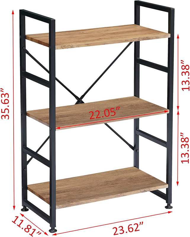 HASIODXE Bookshelf for Small Space, 3 Tier Wood Book Shelf and Bookcase with Met