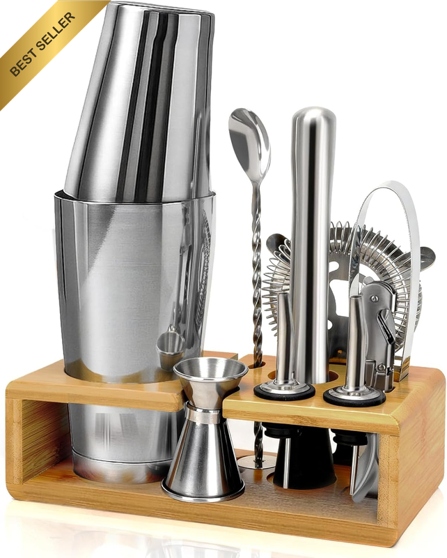 Mixology Bartender Kit with Stand - Cocktail Shaker Set with Bamboo Stand, Bosto