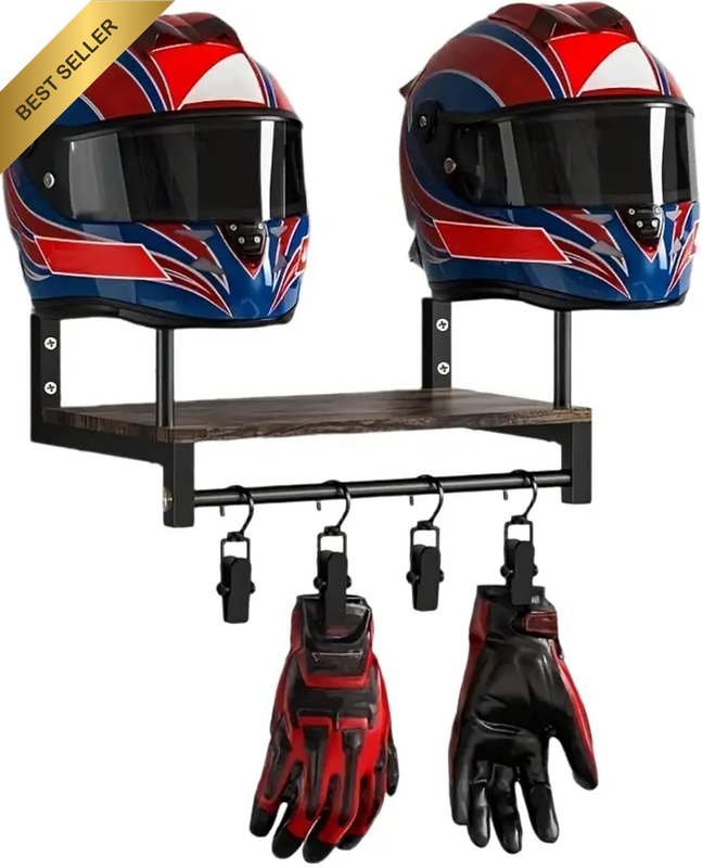 Wall-Mounted Helmet Rack with Hanger – Silver Organizer for Motorcycle & Footbal