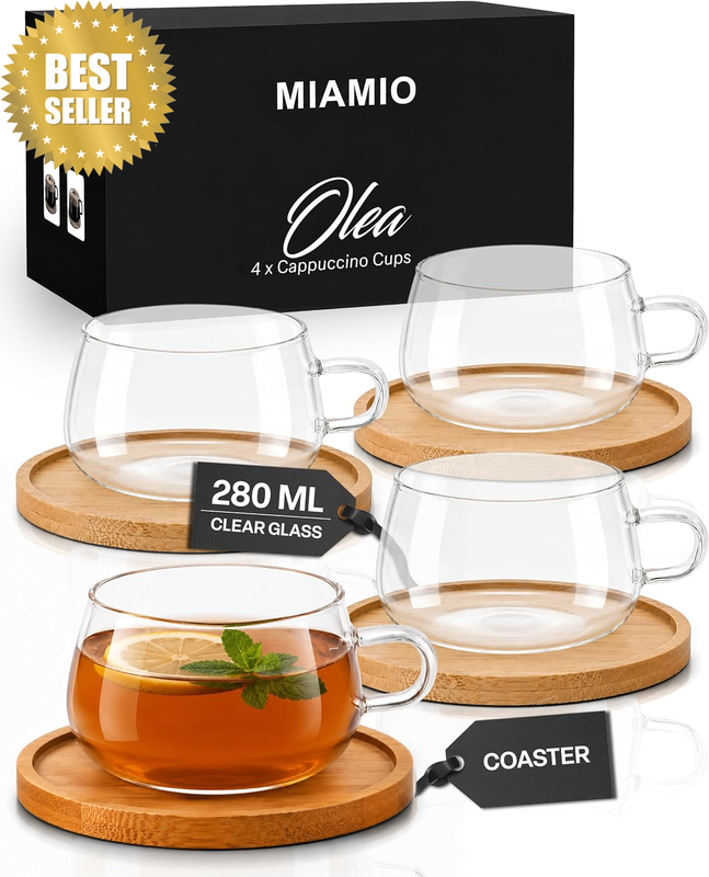- Glass Tea Cups Set of 4, Cappuccino Mugs 9.5 Oz, Tea Cup, Borosilicate Glass M