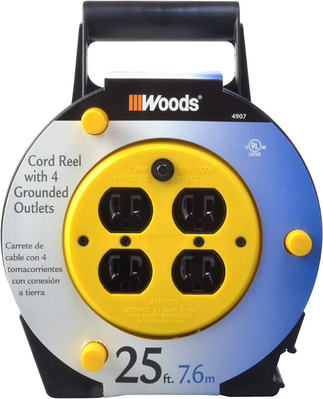 Extension Cord Reel with 4-Outlets 16/3 SJTW and 12A Circuit Breaker, 25-Foot