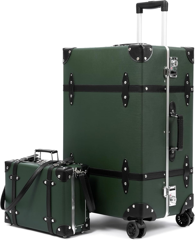 2-Piece Vintage PU Leather Trunk Style Suitcase Set with Wide Aluminum Frame, Water-Resistant, Smooth 360° Spinner Wheels (Heritage Olive, 26