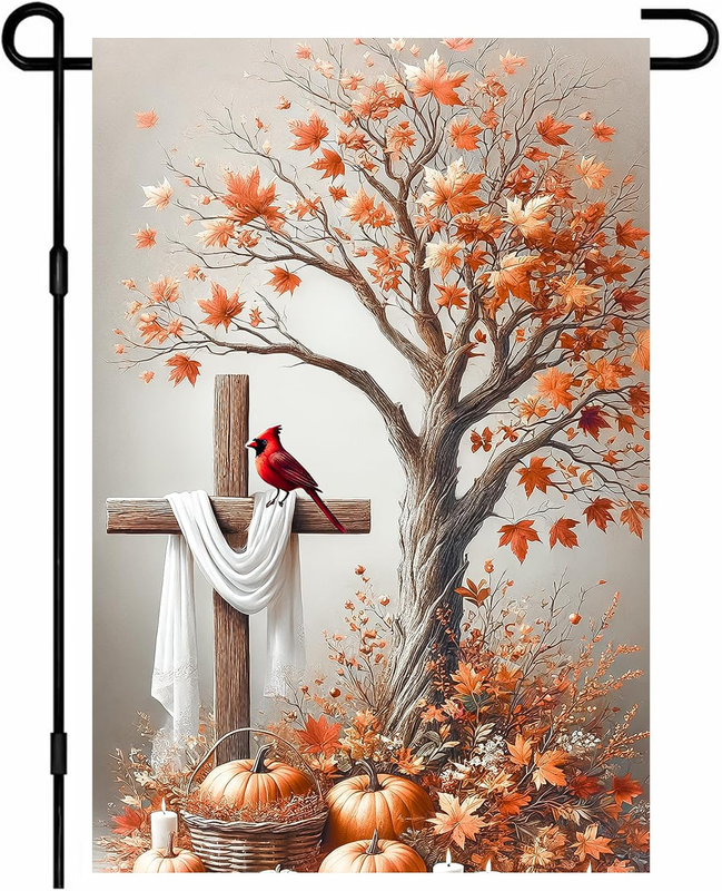 Autumn Cross and Maple Tree Garden Flag 12X18 Inch Red Cardinal on Wooden Cross