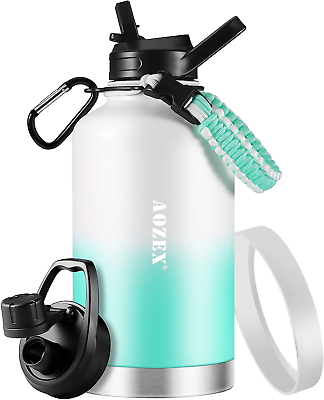 64 OZ Insulated Water Bottle with Straw Stainless Steel Half
