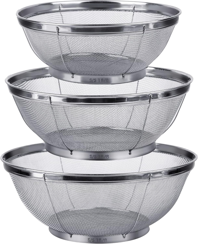 3 Pack Strainers for Kitchen, 18/8 Stainless Steel Colander, Fine Mesh Strainer