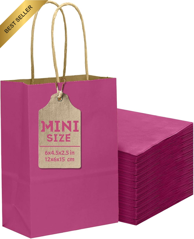 24 Pcs Rosy Mini Gift Bags with Handles 6"X4.5"X2.5" Small Paper Kraft Party Tre