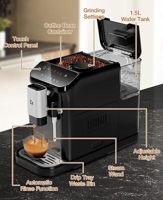 Fully Automatic Espresso Coffee Machine 20 Bar with Auto Milk Frother & Grinder