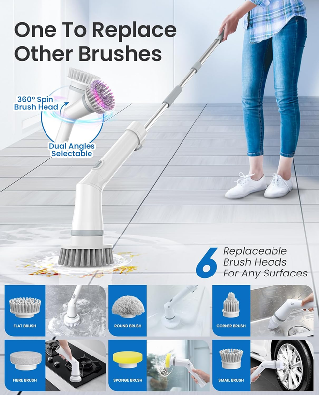 Electric Spin Scrubber, Cordless Cleaning Brush with 5 Replaceable Brush Heads a
