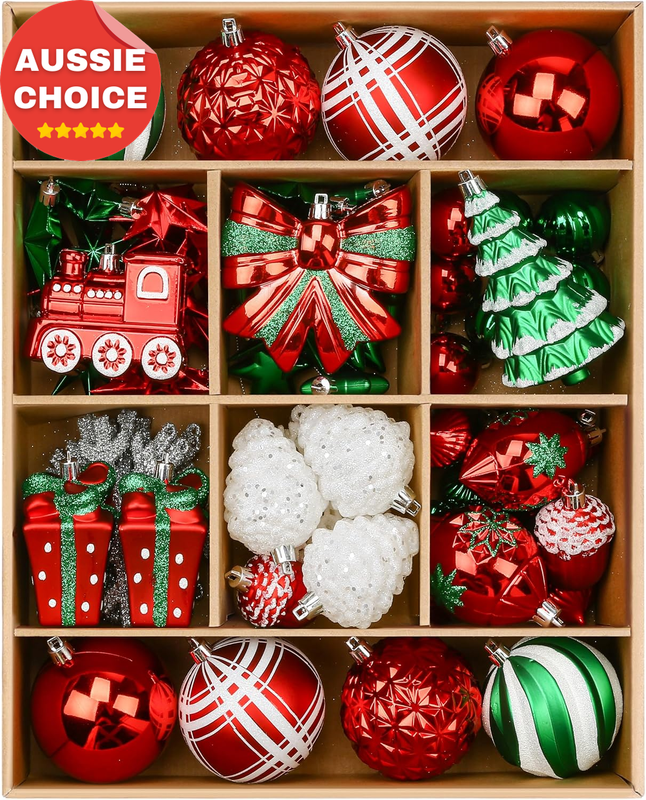 82Pcs Christmas Baubles Ornaments Red Green White Tree Decor Holiday Set