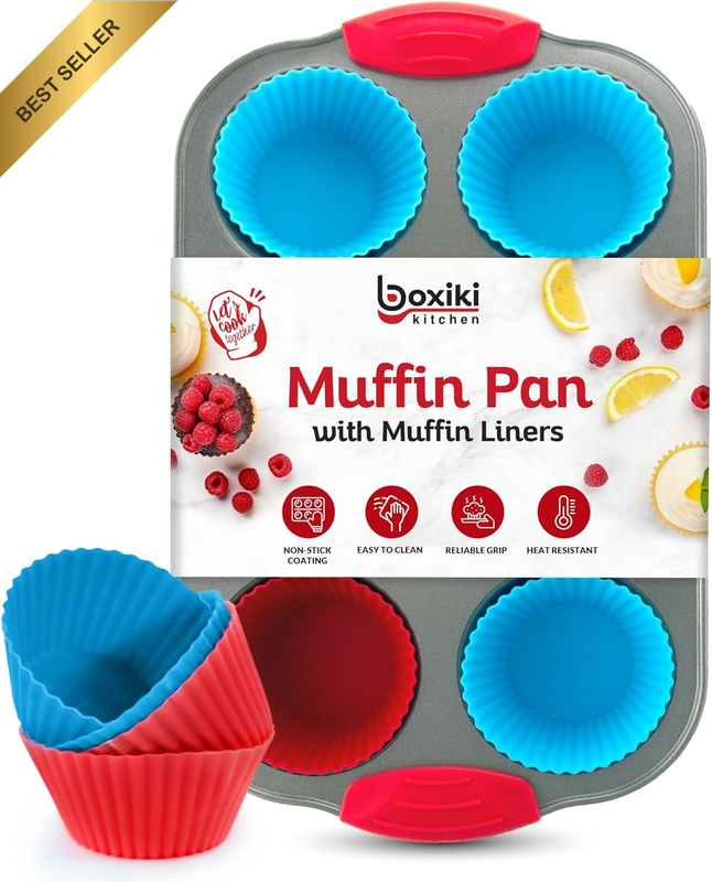 Non-Stick Steel 6 Cup Muffin Pan with Silicone Handles and Resuseable Liners - P