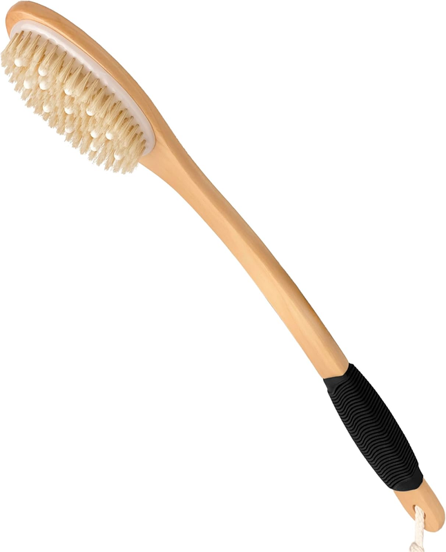 Bath Brush with Cellulite Massagers, Wooden Curved Long Handle Antiskid Dry Brus