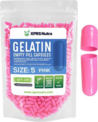 Size 5 Pink Empty Gelatin Pill Capsules Kosher Gel Caps Gluten-Free USA Made 