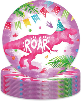 9'' Pink Dinosaur Paper Plates Celebrate Party Tableware round Disposable Dinner 
