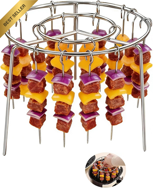Stainless Steel BBQ Kebab Skewers Set – 24 Skewers + round Grill Rack for Airfry