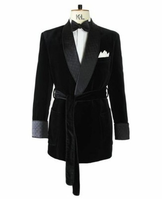 Hombre Fumar Chaqueta Negra Velvet Robe Vestido de Noche Fiesta Host Ropa Abrigo