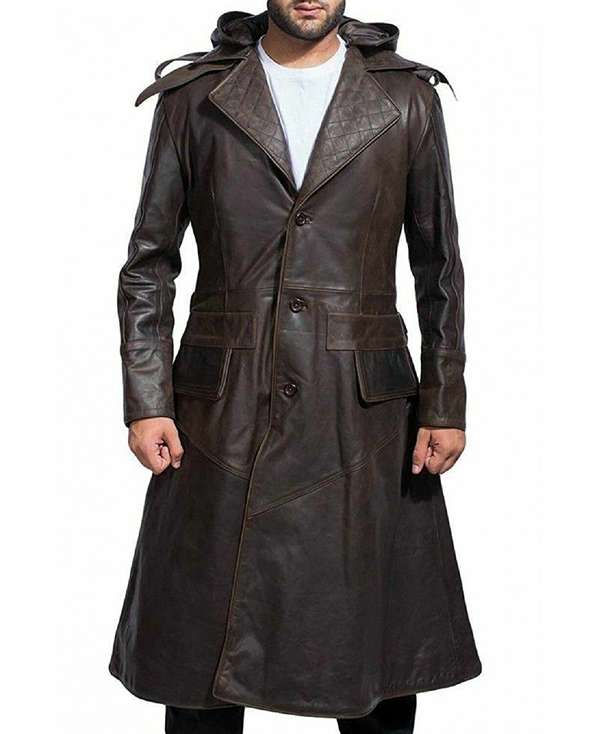 Men's Leather Trench Coat Vougish Brown Hooded 100% Genuine