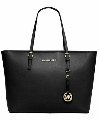 MICHAEL KORS Jet Set Travel MK TZ Tote Bag Black Saffiano Leather