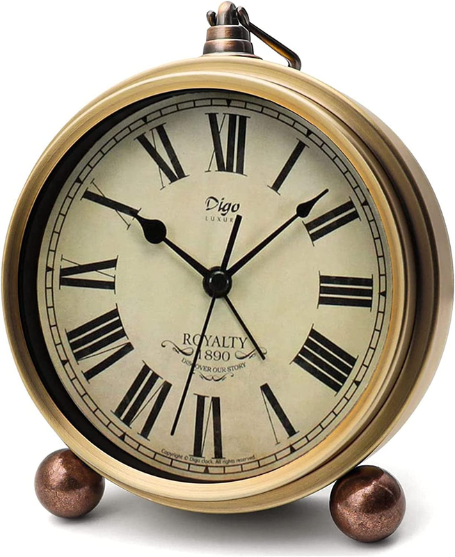 Golden Metal Retro Table Clock - Non-Ticking Alarm