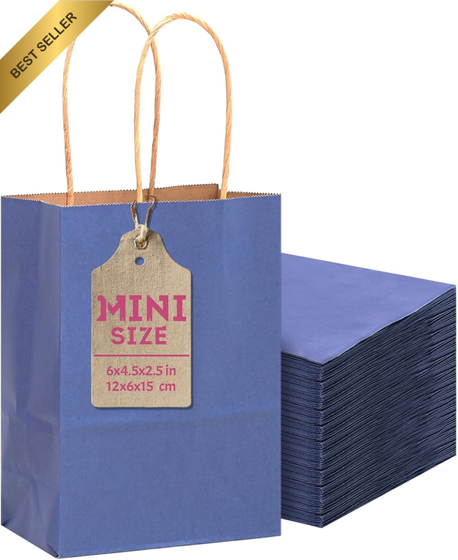 24 Pcs Deep Blue Mini Gift Bags with Handles 6"X4.5"X2.5" Small Paper Kraft Part
