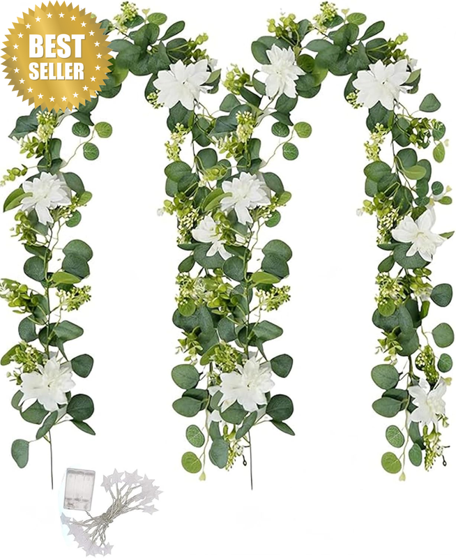 12Ft Artificial Eucalyptus Flower Garland with White Roses, Fake Flowers Greener